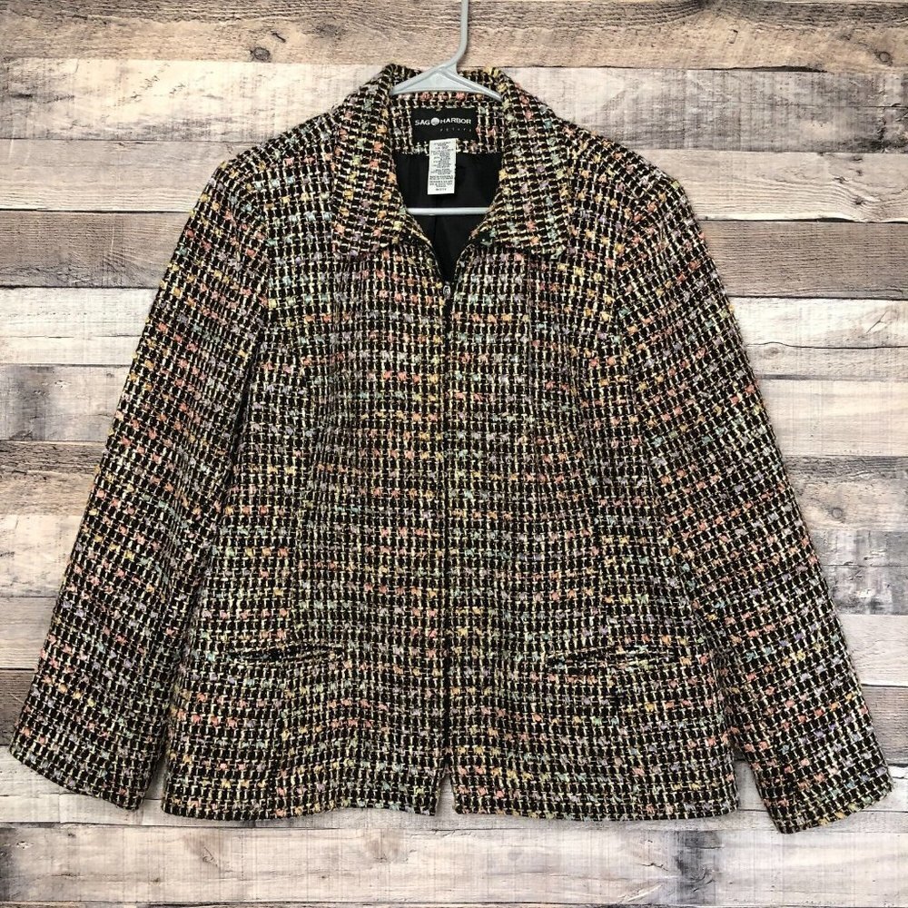 Sag Harbor Petites Size 16P Blazer Pastel Rainbow Tweed Zip Up Jacket